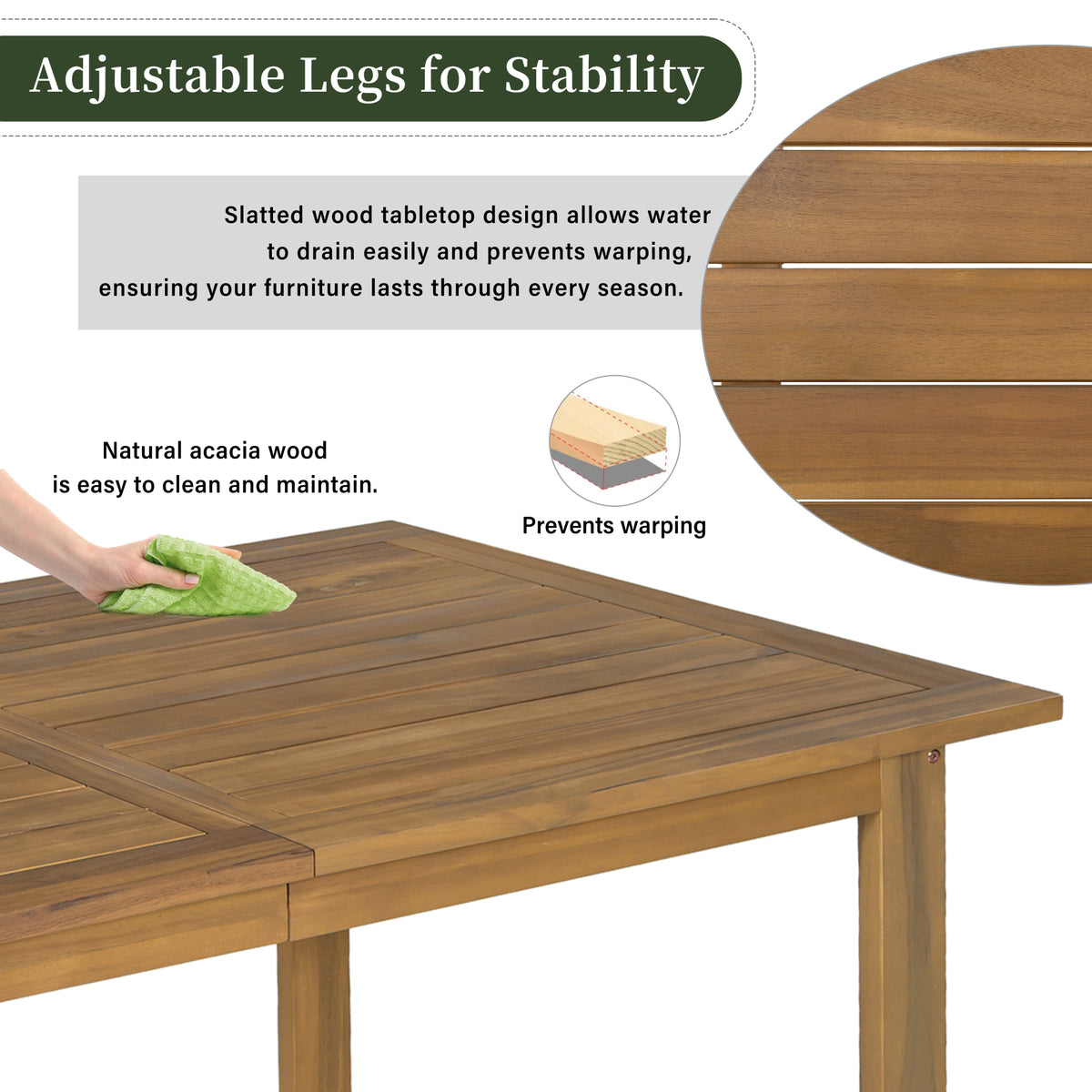 variant-group:rf-n711wy000497aaa|Roomfitters Farmhouse 5-Piece Outdoor Dining Set for 4, Acacia Wood Table and Chair Pack, Beige and Natural Slatted