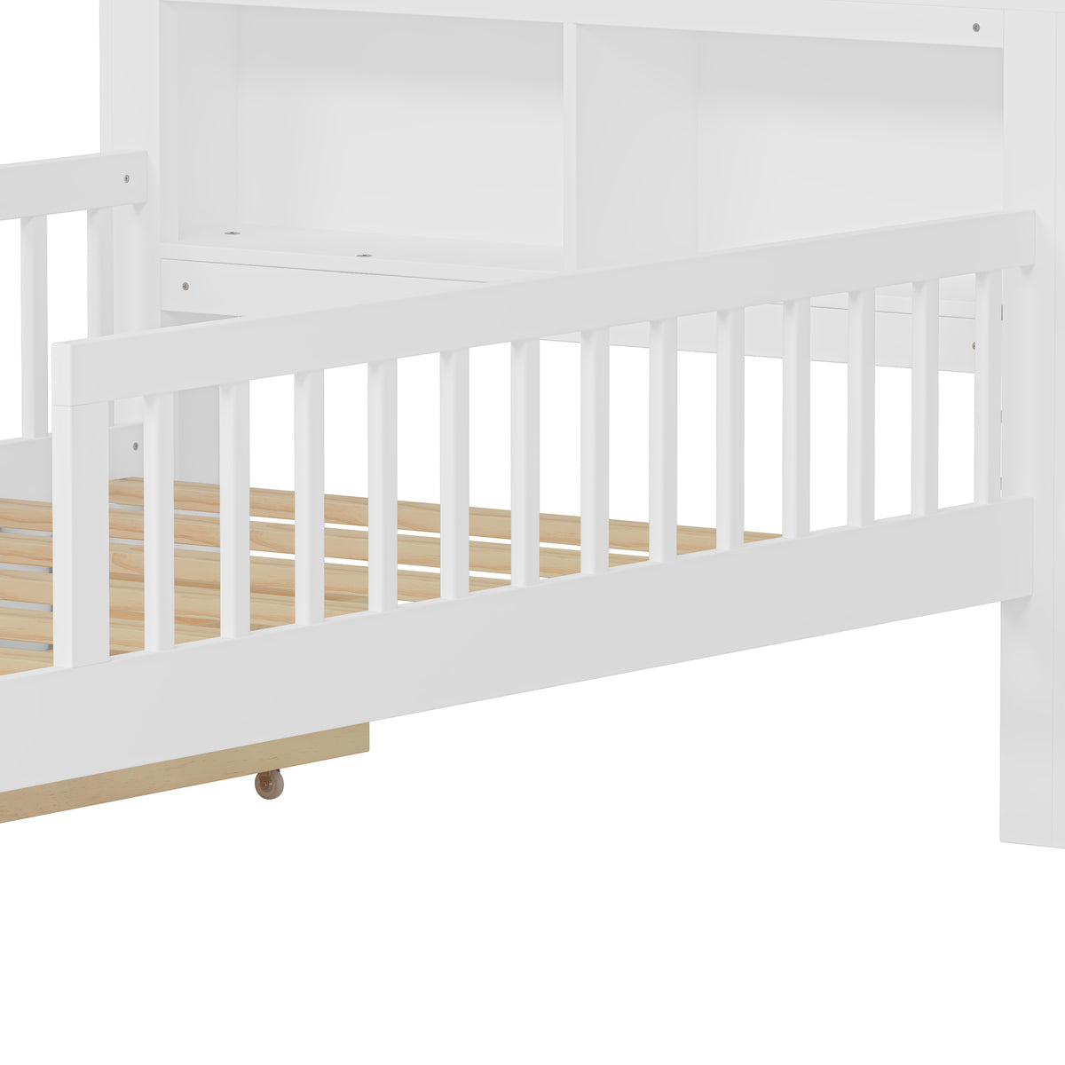 variant-group:rf-n733p272374k|Roomfitters Twin Bed with Headboard Storage Rack, Under-Bed Storage and Three-Side Guardrails, White