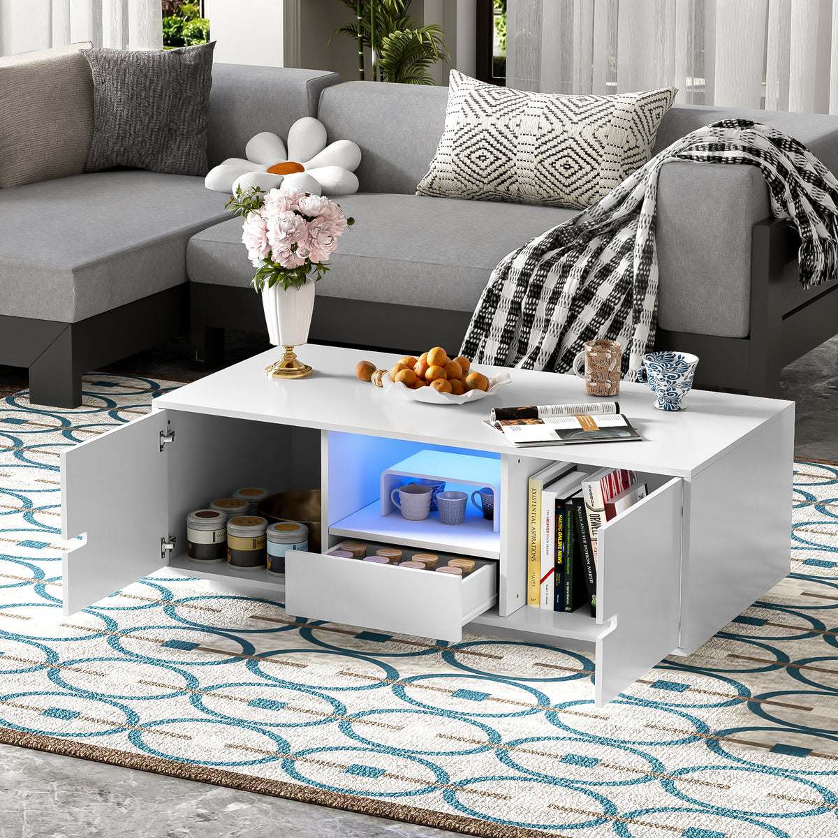 variant-group:rf-n724p294656k|Roomfitters Modern Glossy Coffee Table with Storage Space and Light Accent, Rectangle Center Table for Living Room, White