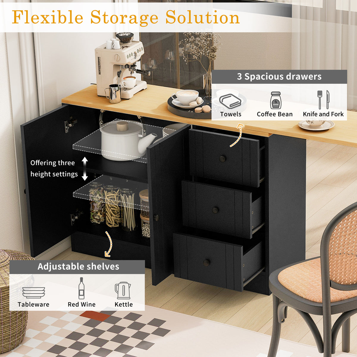 variant-group:rf-n711p334768o|Roomfitters Extendable Sideboard Buffet Cabinet with Storage, Multifunctional Console Table for Dining Room, Black+Natural