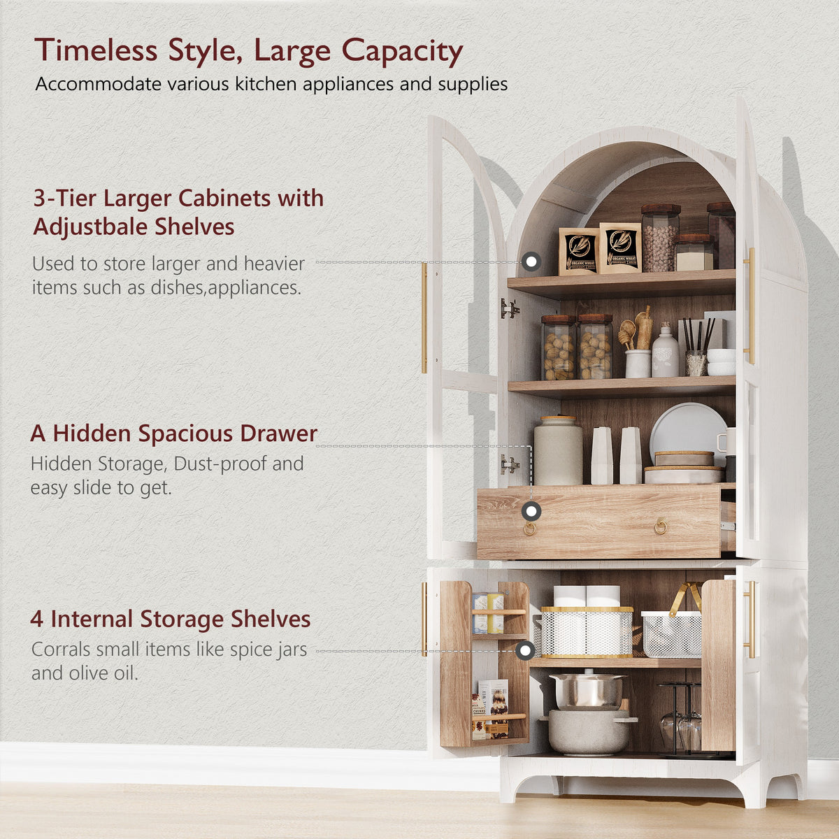 variant-group:rf-n707s288969w|Roomfitters 71" Pantry Cabinet with Arched Top & Glass Doors, 4-Door Storage Hutch with Adjustable Shelves for Kitchen, White