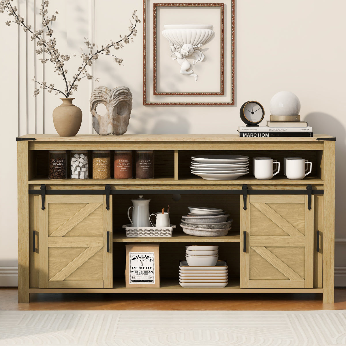 variant-group:rf-n711p347388o|Roomfitters 59.3" Sideboard Buffet Cabinet with Sliding Barn Doors, Modern Farmhouse Storage for Kitchen & Dining, Natural