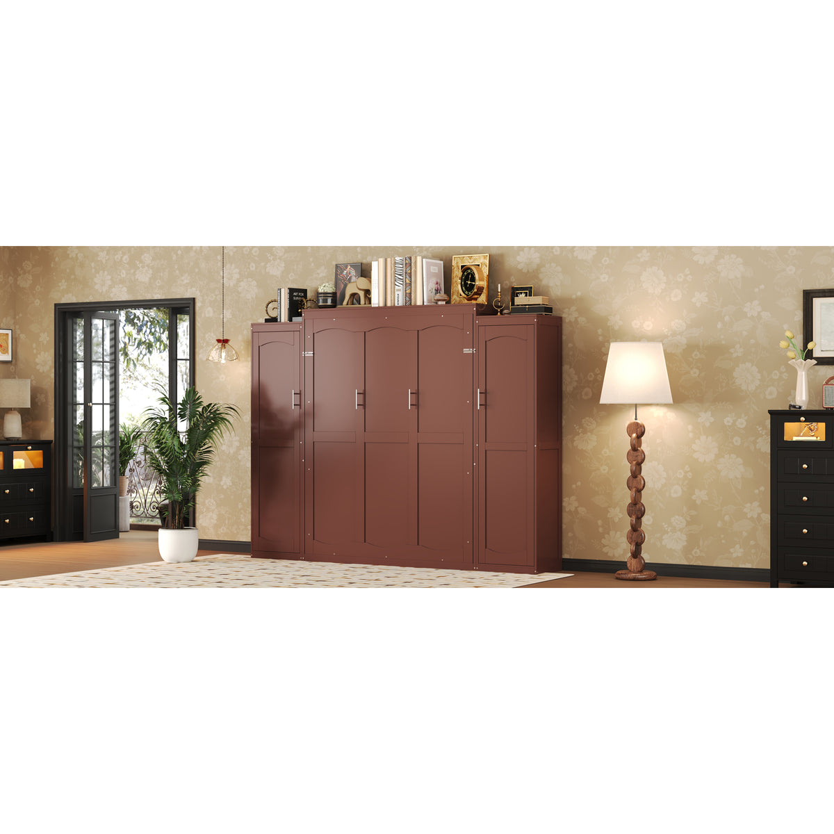variant-group:rf-n733s235596d|Roomfitters Full Murphy Wall Bed with Two Wardrobes and Storage Shelf, Foldable Platform Bed Frame for Guest Room, Walnut
