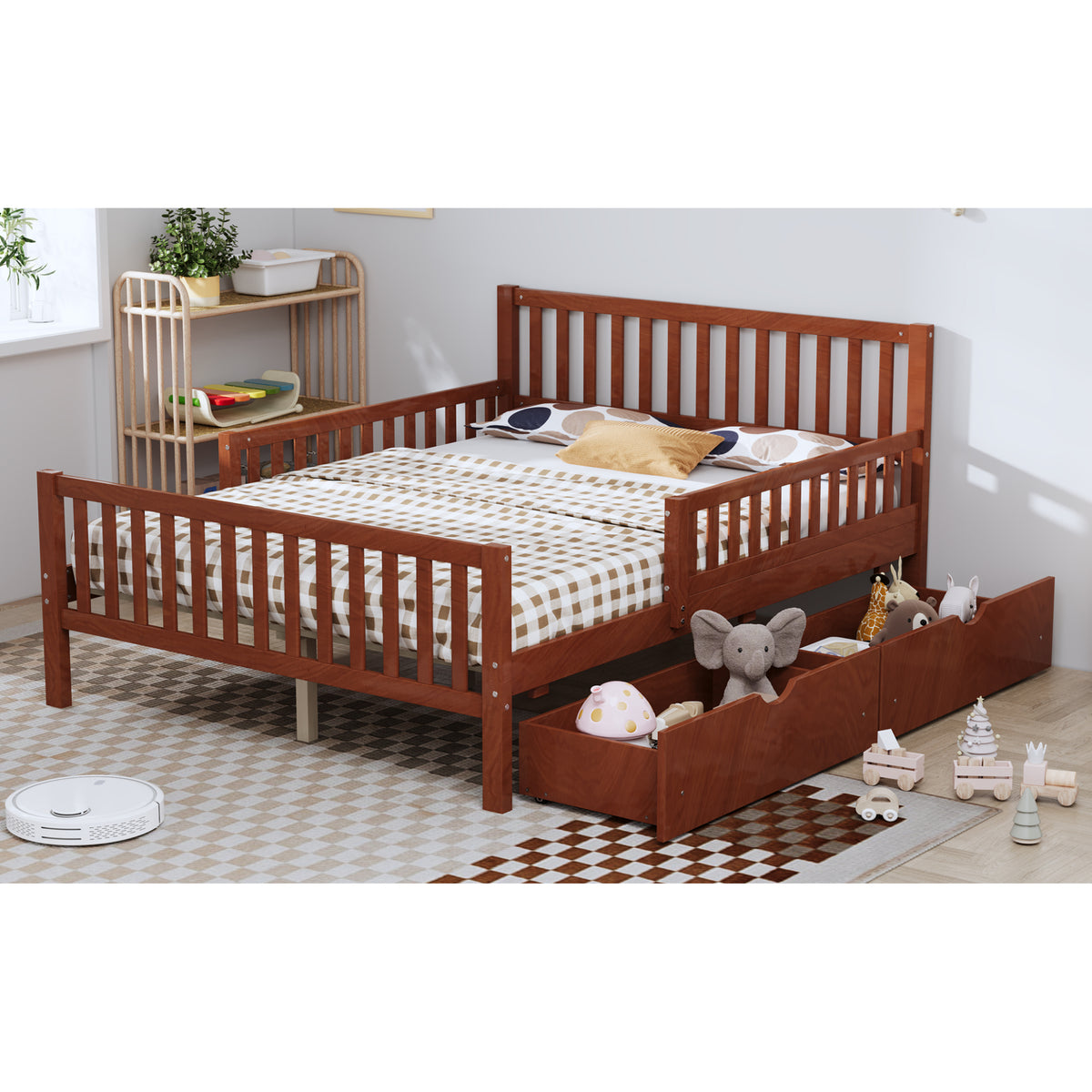variant-group:rf-n733p172700d|Roomfitters Full Size Wood Platform Bed with Guardrails and 2 Storage Drawers, Walnut
