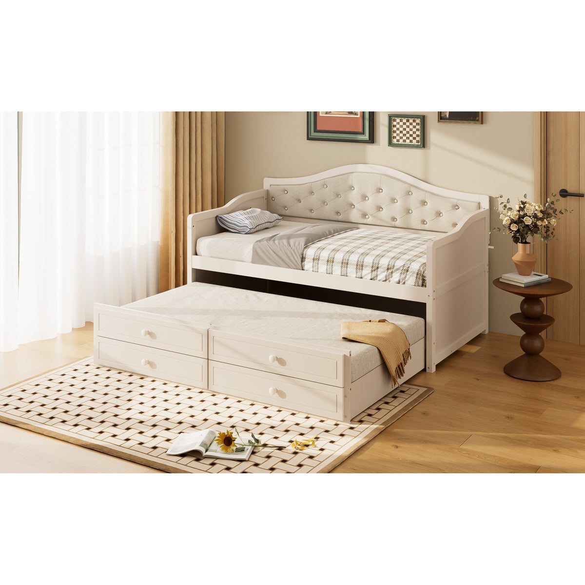 variant-group:rf-n733s346767a|Roomfitters Twin Daybed with Trundle, Wooden Sofa Bed with 2 Storage Drawers & Tufted Backrest, Beige