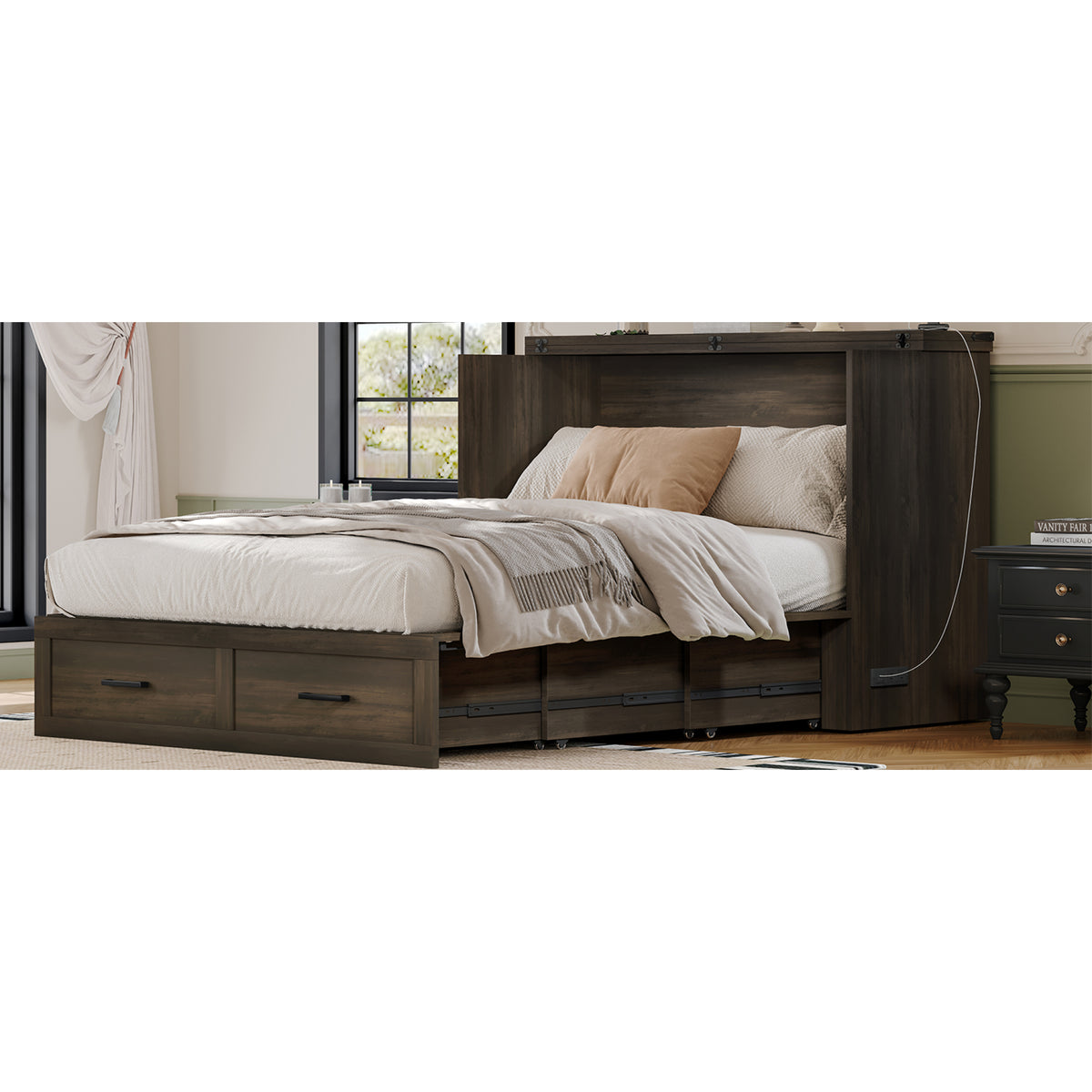 variant-group:rf-n733s237853g|Roomfitters Full Size Farmhouse Murphy Cabinet Bed with Charging Station, Foldable Platform Bed with Large Storage for Guest Room, Small Bedroom, Rustic Gray