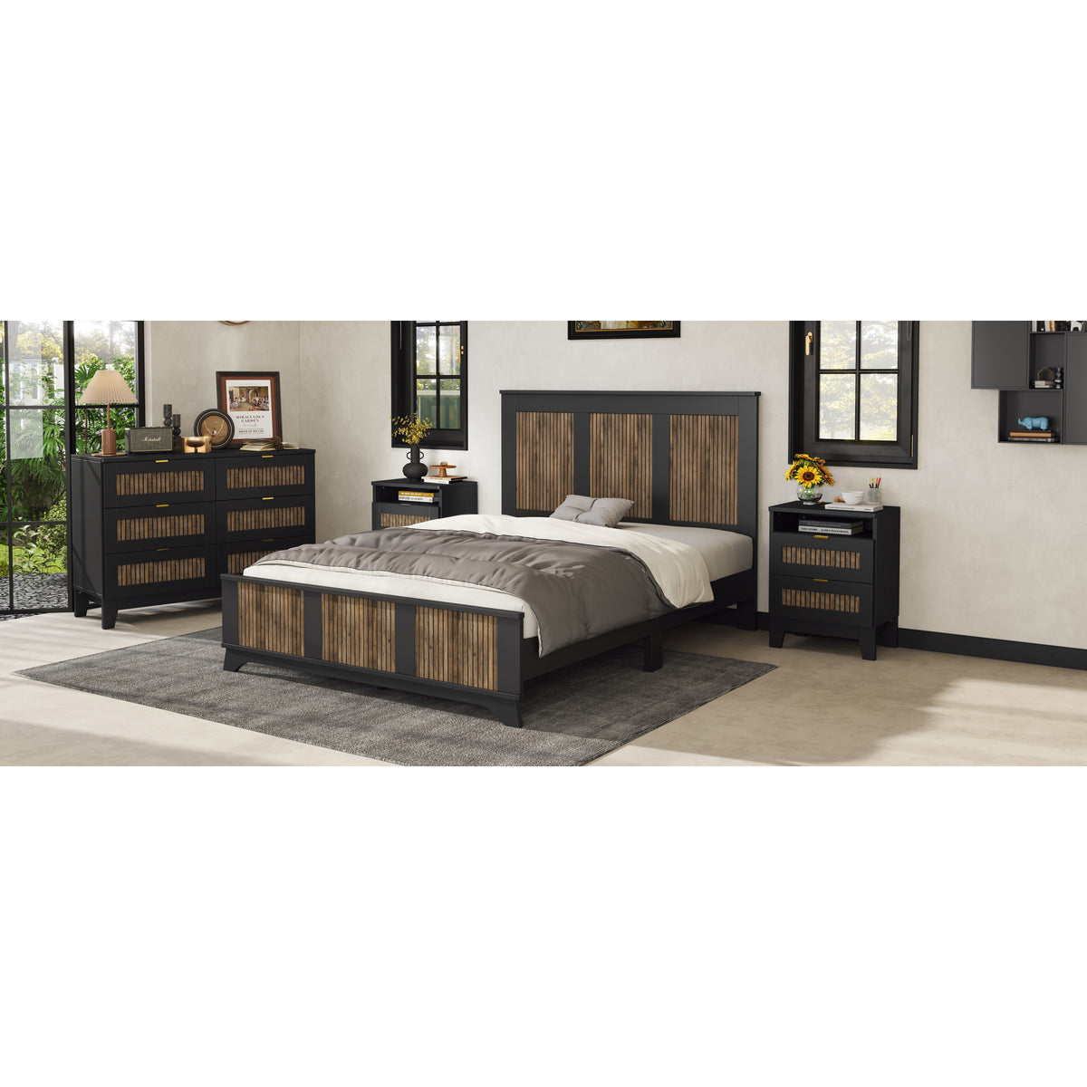 variant-group:rf-n733wf530906aab|Roomfitters Farmhouse Wooden Platform Queen Size Bed, Modern Platform Bed with Wooden Strip Stickers Decoration, Plywood Slats Support, Black