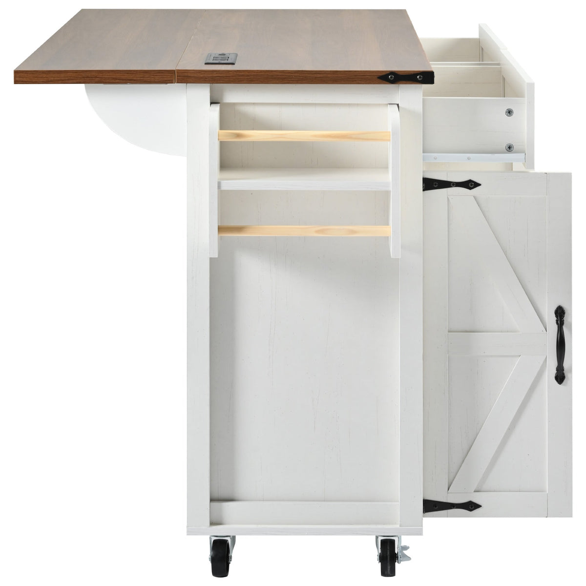 Roomfitters 53.5" Kitchen Island with Power Outlet and Drop Leaf, Rolling Storage Cabinet with Spice Rack, Modern Style, White
