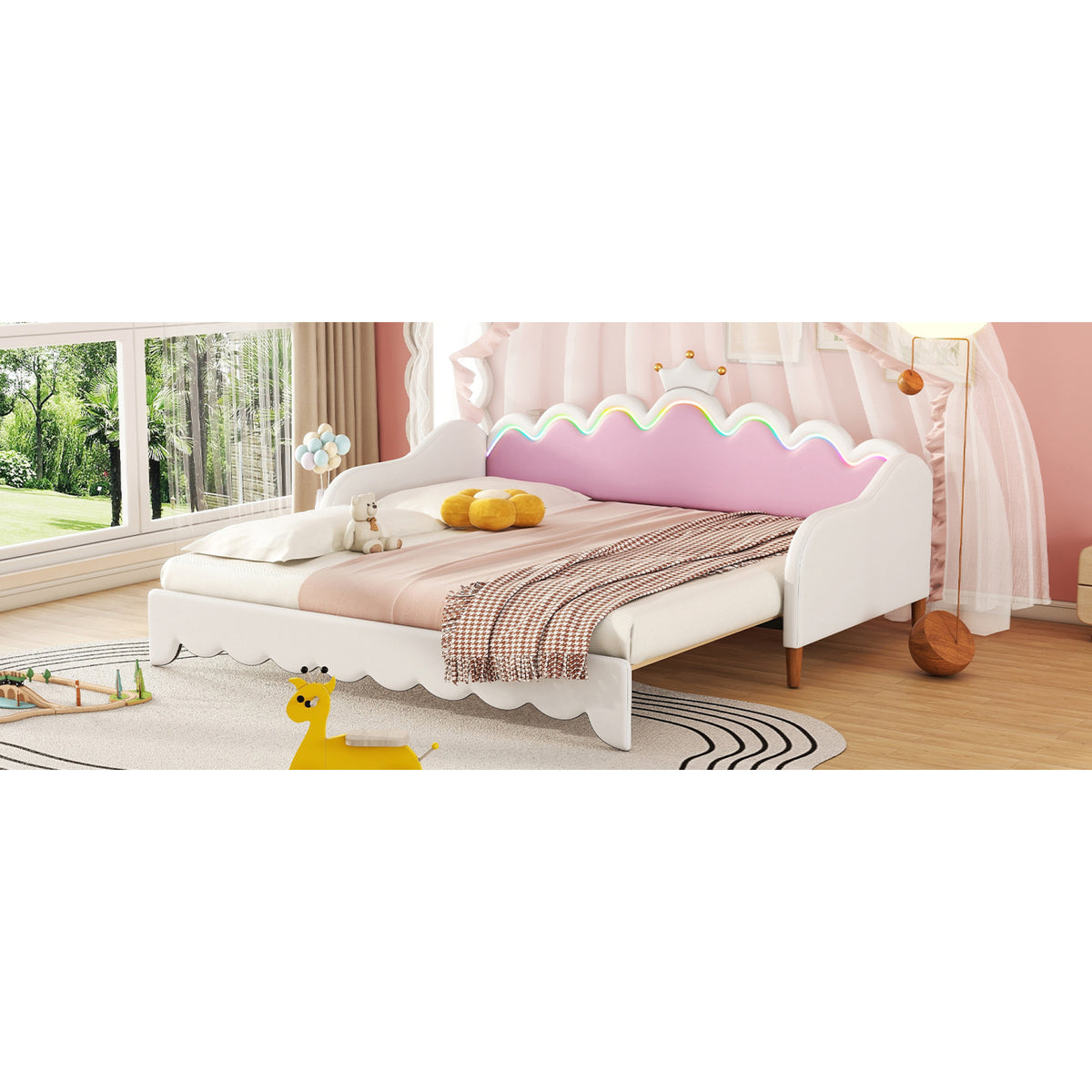 variant-group:rf-n733hl000104aak|Roomfitters Twin Extending Daybed with Lights, Modern Upholstered Princess Daybed with Crown Headboard, Sophisticated and Functional Design, White