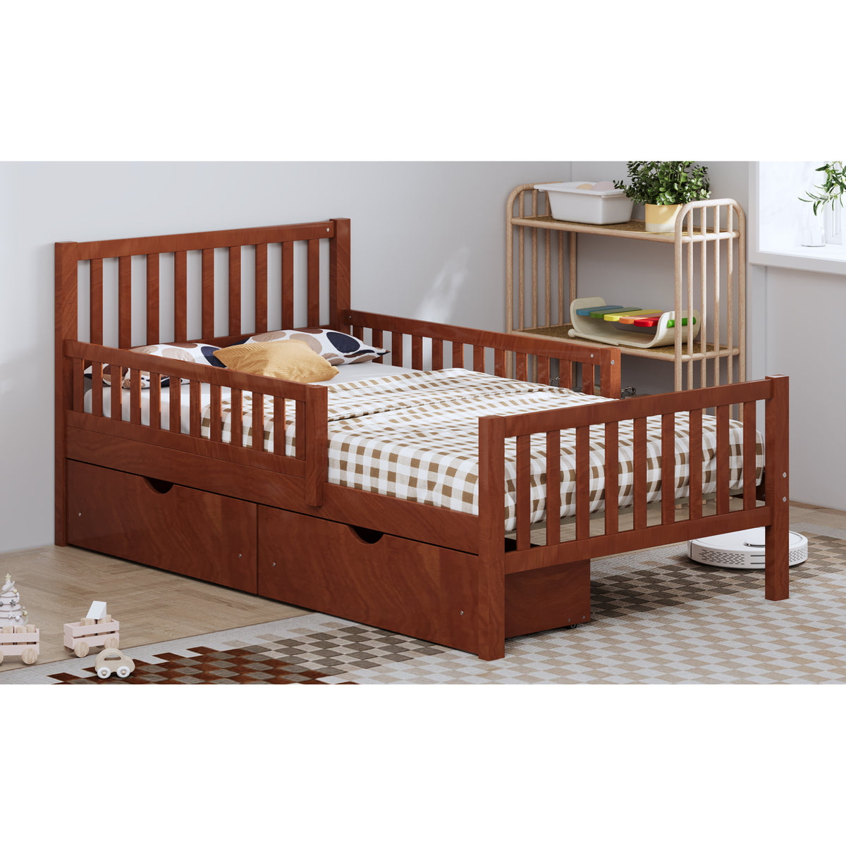 variant-group:rf-n733p172696d|Roomfitters Twin Size Wood Platform Bed with Guardrails and 2 Storage Drawers, Walnut