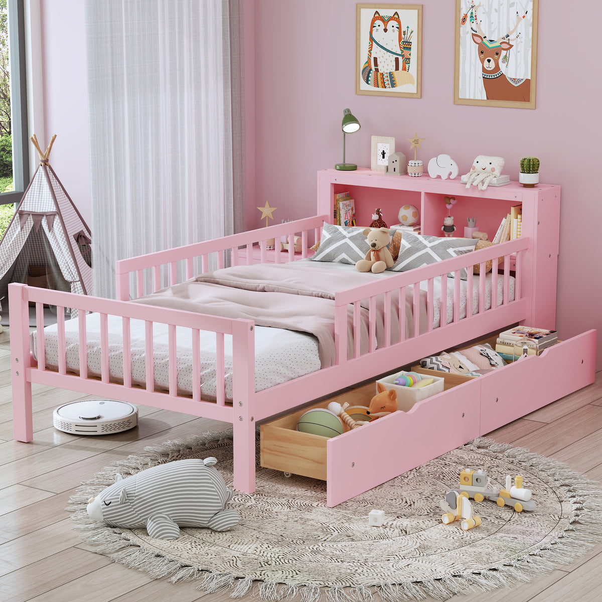 variant-group:rf-n733p272374h|Roomfitters Twin Bed with Headboard Storage Rack, Under-Bed Storage and Three-Side Guardrails, Pink