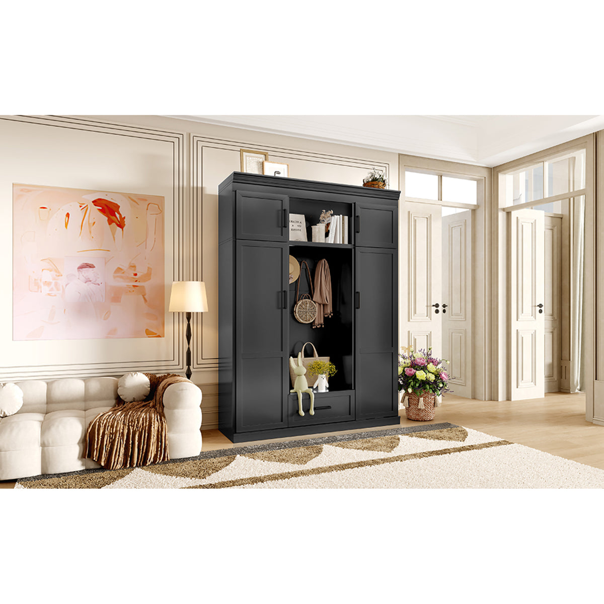 variant-group:rf-n724sj000140aab|Roomfitters 85.2" Hall Tree with Bench, 3 Hooks, 4 Doors, 1 Drawer and Adjustable Storage Shelves, Black