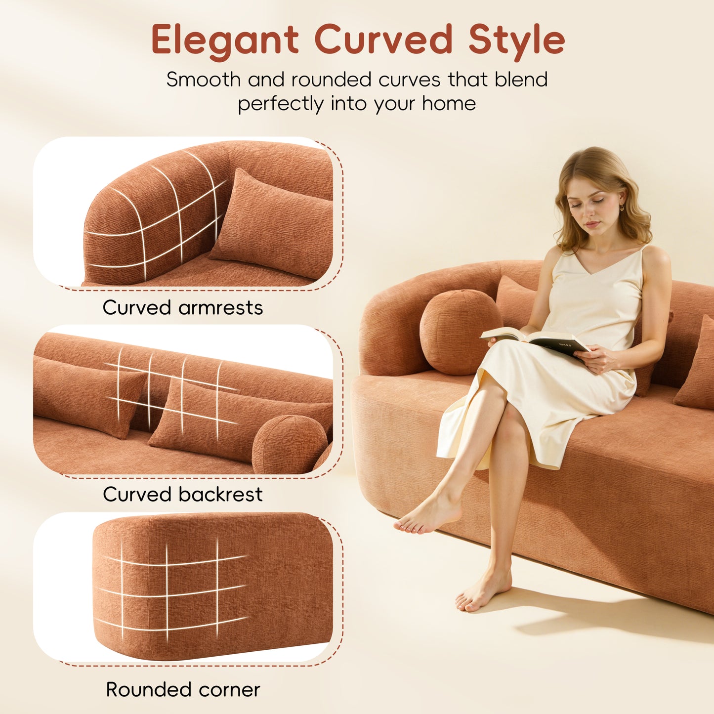 variant-group:rf-n723p404465g|Roomfitters 86 Inch Modern Curvy Sofa, 3-Seater Rounded Upholstered Couch with Plush Throw Pillows for Living Room, Orange