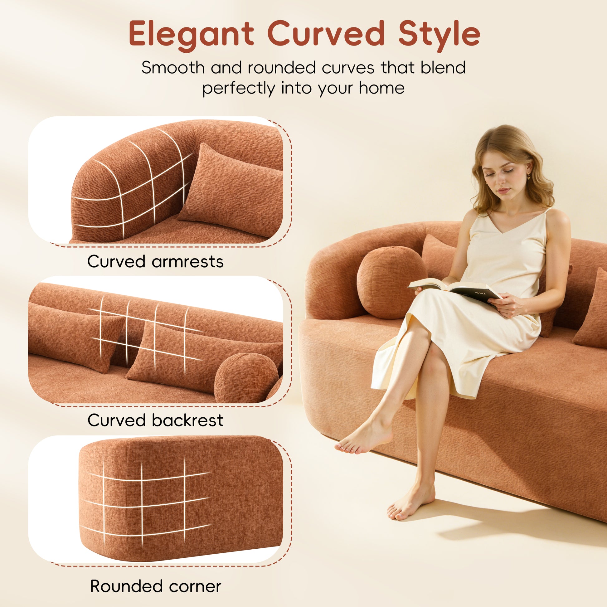 variant-group:rf-n723p404465g|Roomfitters 86 Inch Modern Curvy Sofa, 3-Seater Rounded Upholstered Couch with Plush Throw Pillows for Living Room, Orange