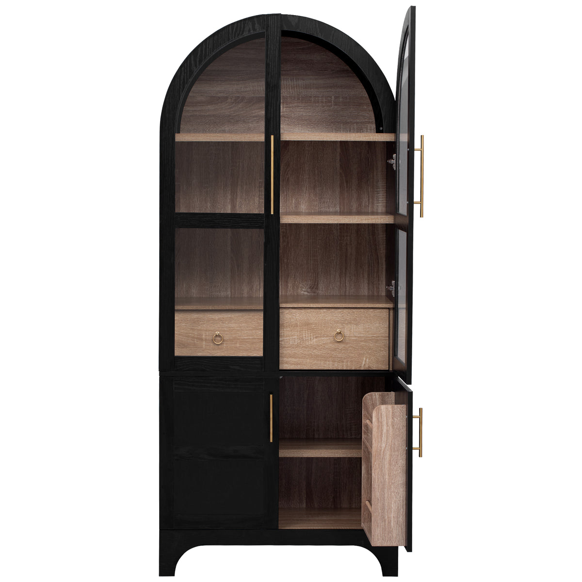 variant-group:rf-n707s288969b|Roomfitters 71" Pantry Cabinet with Arched Top & Glass Doors, 4-Door Storage Hutch with Adjustable Shelves for Kitchen, Black