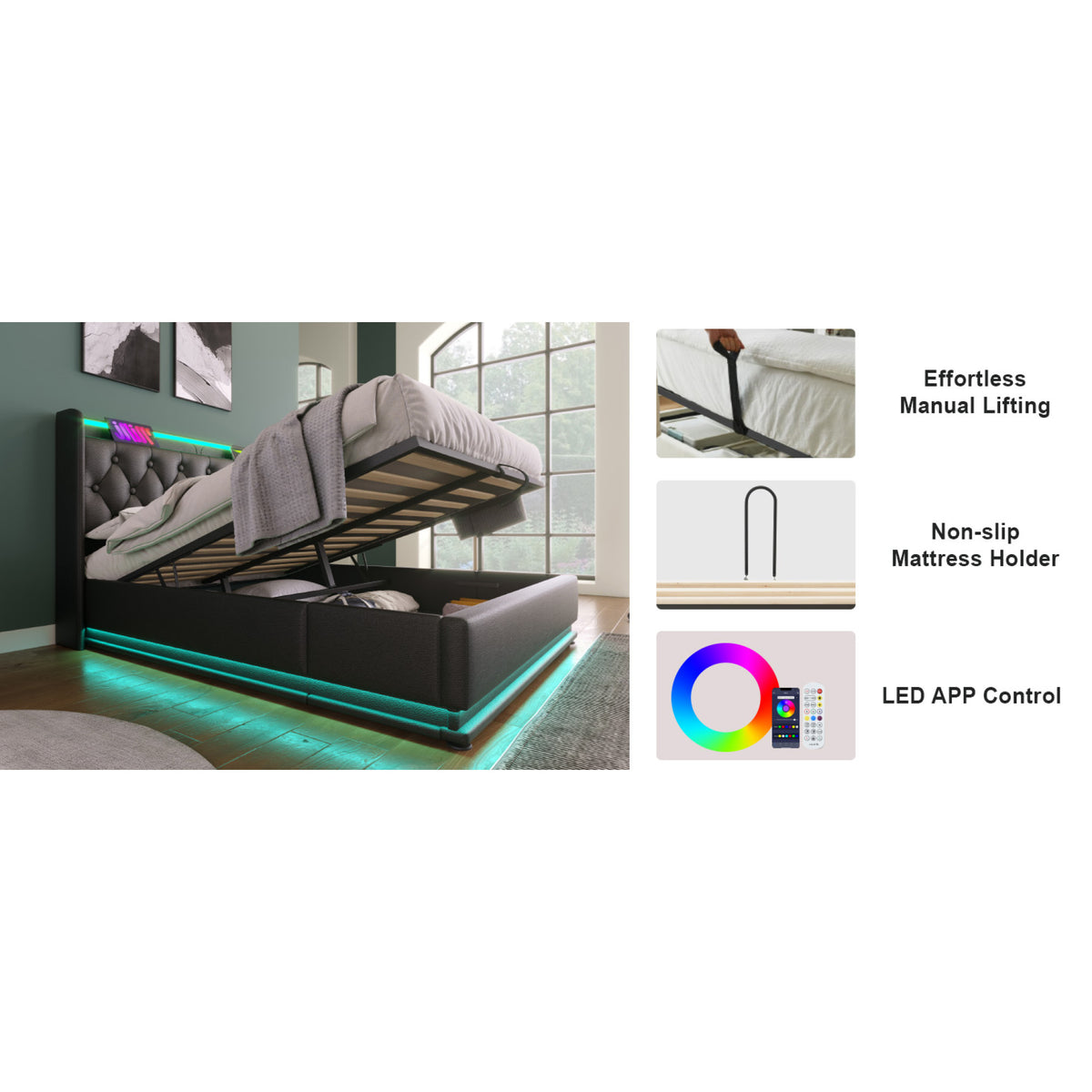 variant-group:rf-n736p188807b|Roomfitters Queen Size Upholstered Storage Bed with USB Type-C Charging and Remote Control, Faux Leather Black