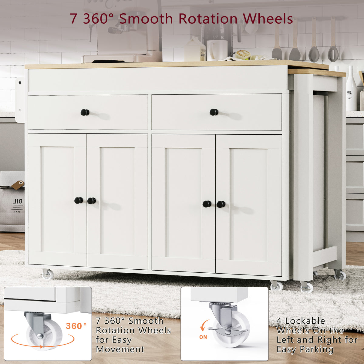 variant-group:rf-n707p333291w|Roomfitters 74.8" Rolling Kitchen Island with Extendable Dining Table, Mobile Cart with 4 Doors, 2 Drawers & Spice Rack, White