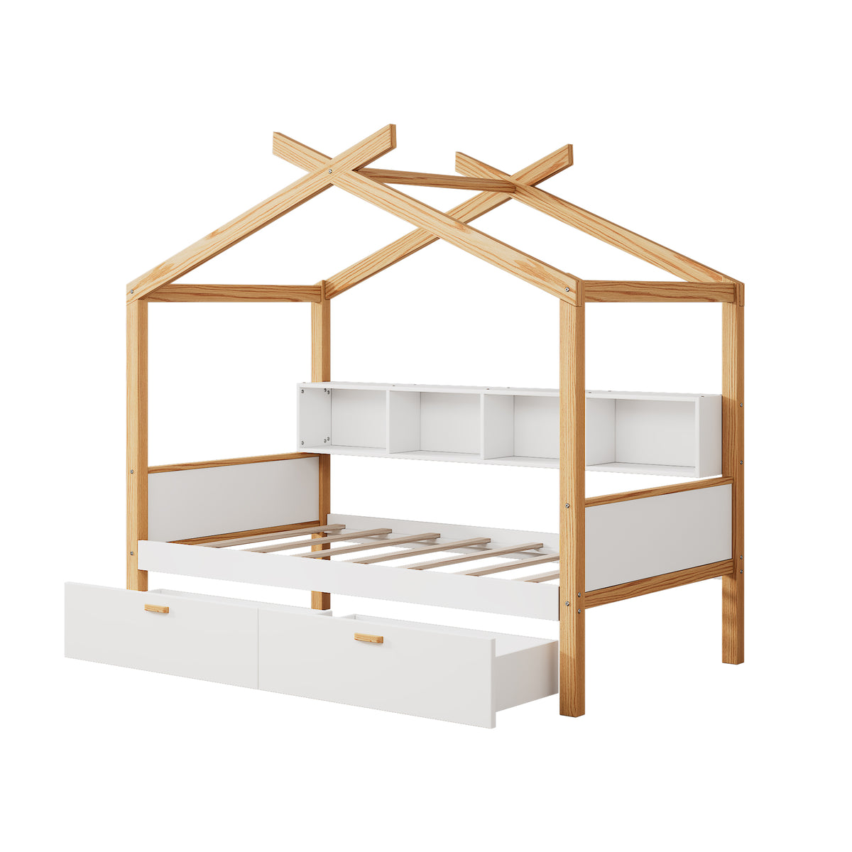 variant-group:rf-n701p443466k|Roomfitters Twin Size Wooden House Bed Frame with 2 Drawers, Bookshelf Storage Furniture, No Box Spring, White Natural