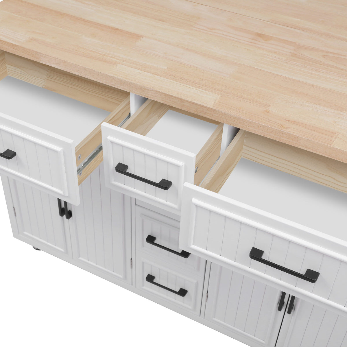 Roomfitters 56.5" Kitchen Island with Drop Leaf, Rolling Kitchen Cart with 5 Storage Drawers, Spice Rack & Towel Holder, White