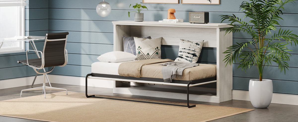 Roomfitters Twin Size Horizontal Murphy Bed Frame, Hideaway Cabinet Wall Bed, Dual Piston System Guest Room, Rustic White Roomfitters