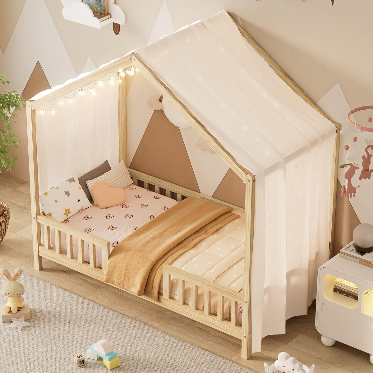 variant-group:rf-n733p356043m|Roomfitters Twin Montessori Floor Bed with Canopy, House Shape Wood Frame with Safety Rails, Youth Platform Bed, Natural