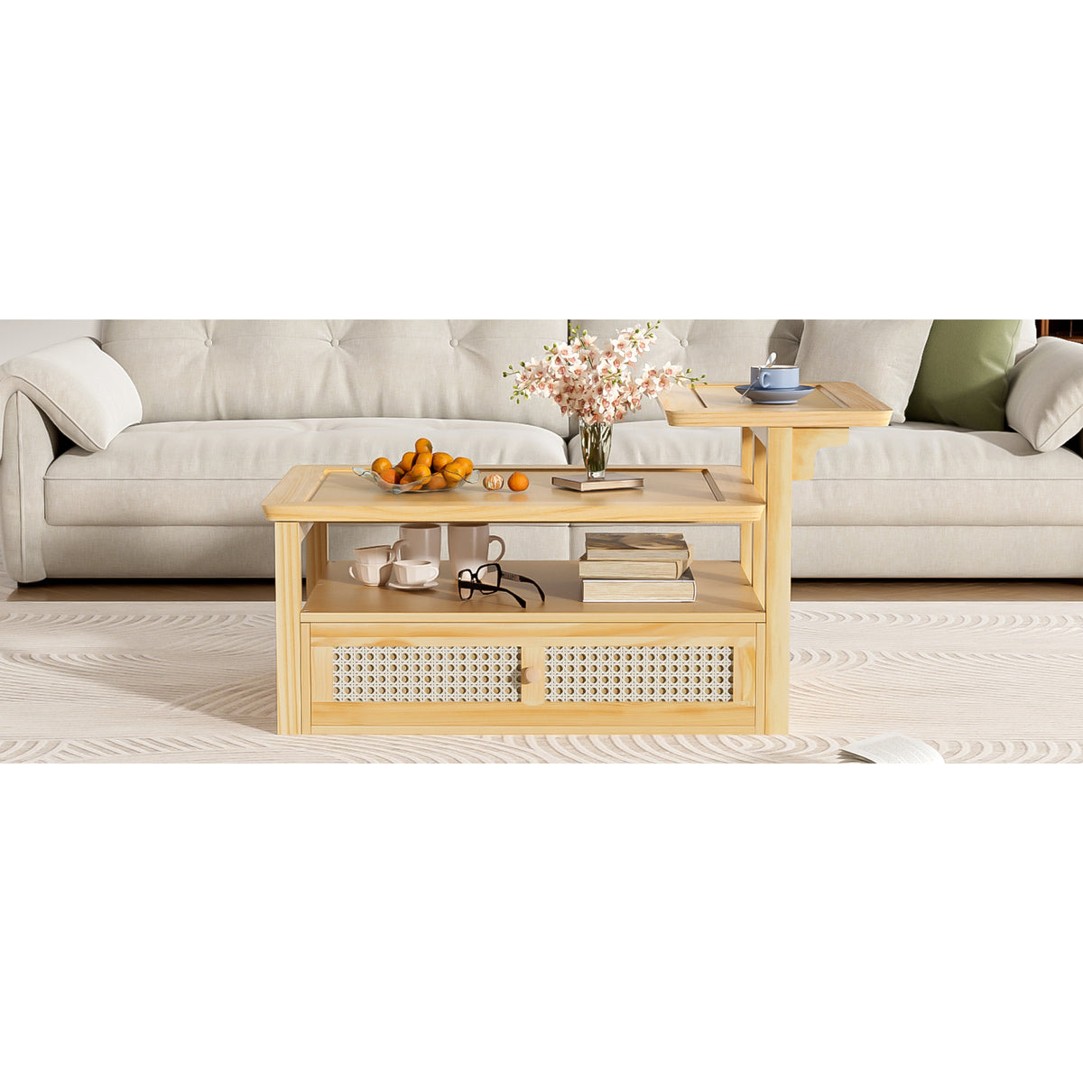 variant-group:rf-n724p232190n|Roomfitters Modern Coffee Table with Open Shelf, Dual Tabletops and Rattan Accent Storage, Natural