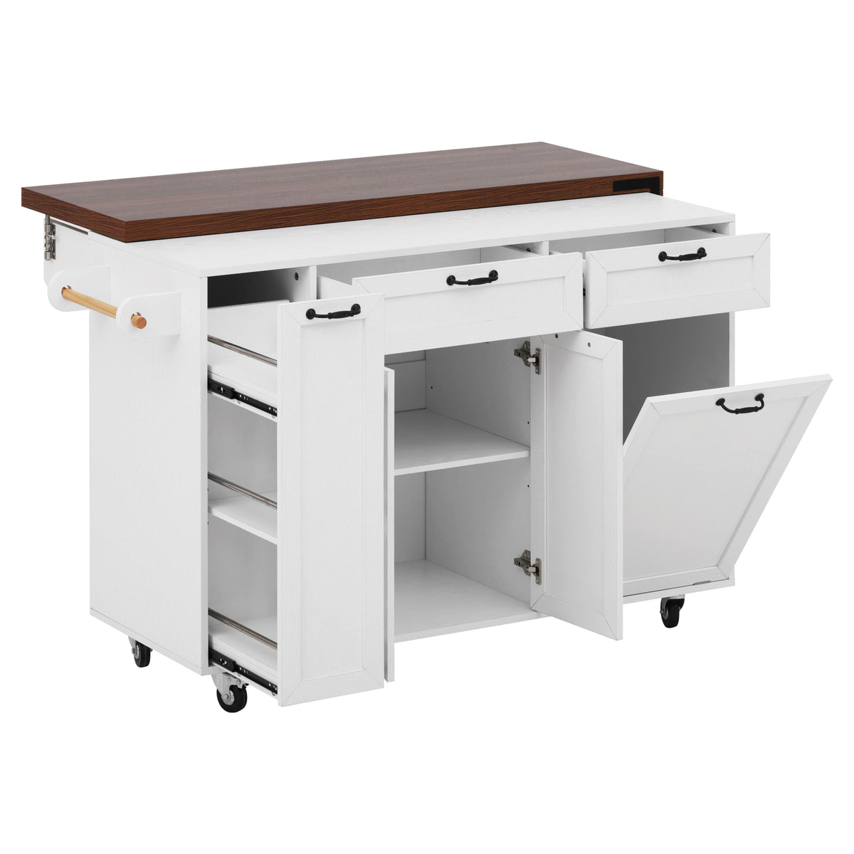 variant-group:rf-n707s000026w|Roomfitters 102.3" Kitchen Island with Tilt Out Trash Can Cabinet, Rolling Storage Cart, Slide-out Spice Rack, White