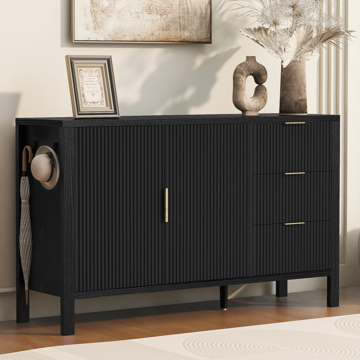variant-group:rf-n711p345172b|Roomfitters Sideboard Buffet Cabinet with 3 Drawers, 2 Door Mid-century Fluted Accent Storage for Kitchen & Dining, Black