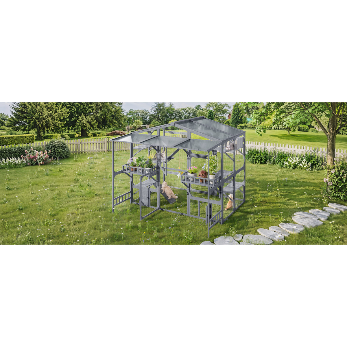 variant-group:rf-n704g201620e|Roomfitters Extra Large Wood Catio Cat Cage Outdoor Kennel with Transparent Sunroof and Dual Storage Shelves Gray