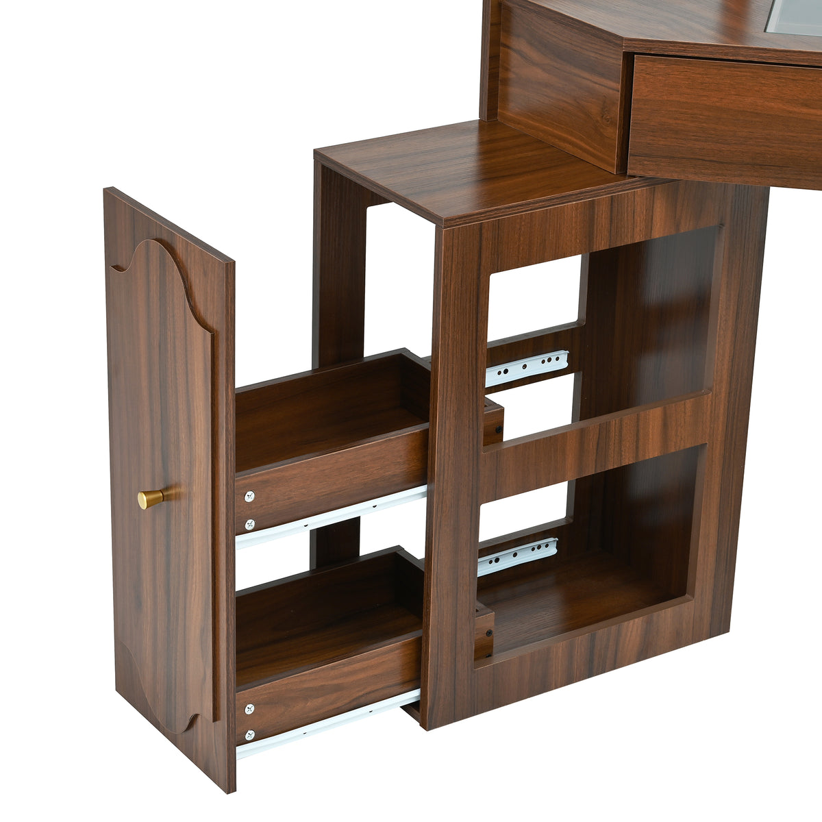 variant-group:rf-n733p336237d|Roomfitters Corner Vanity Desk Set with Stool, Charging Station, Glass Top, Drawer, Shelf, Pull-Out Cabinet, Walnut