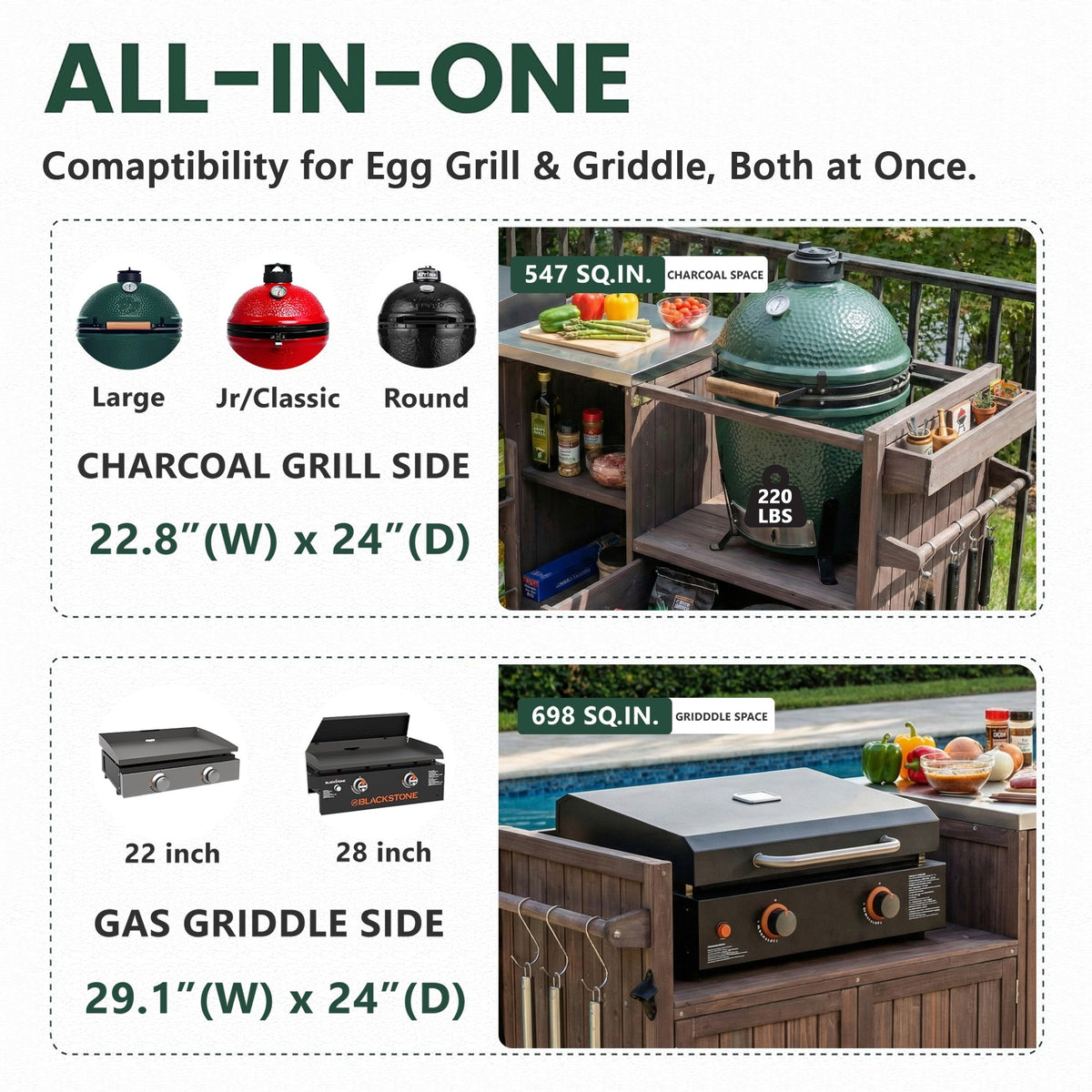 variant-group:rf-n707p392140z|Roomfitters 80.5" Extra Large Grill Cart, Outdoor Kitchen Prep Station with Stainless Steel Top & Kamado Grill Stand, Dark Brown