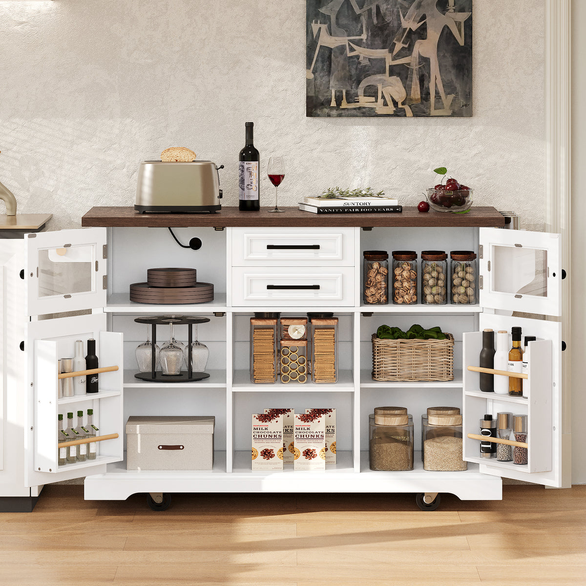 variant-group:rf-n707s300277w|Roomfitters 54.9" Kitchen Island with Drop Leaf, Rolling Kitchen Cart with Barn Door and Glass Door, Storage Cabinet, White