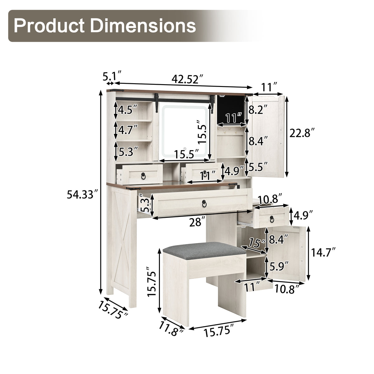 variant-group:rf-n733p340562k|Roomfitters Farmhouse Vanity Desk with Sliding Mirror & Lights, Glass Top, Charging Station, 4 Drawers, 2 Cabinets, Stool, White