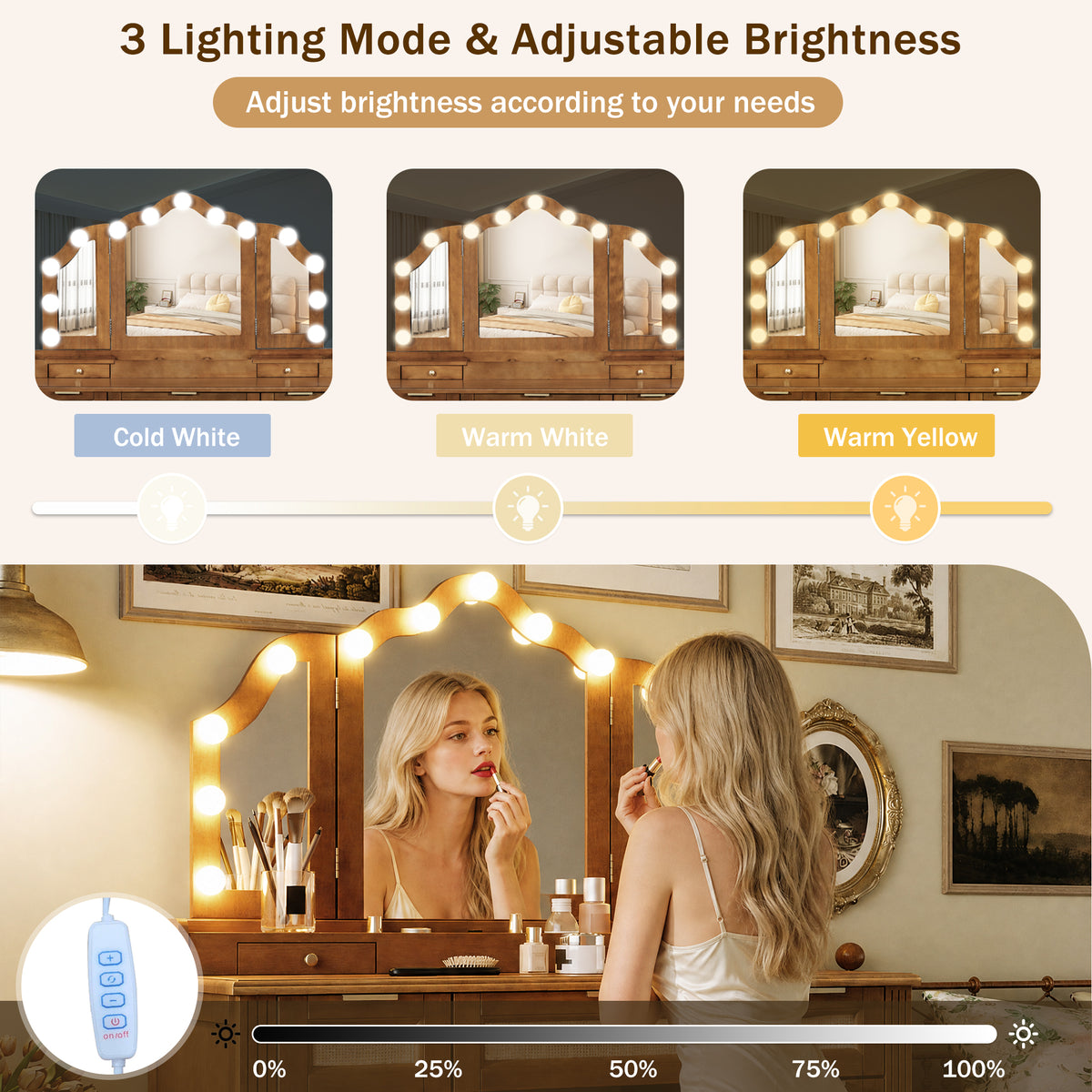 variant-group:rf-n704p342558p|Roomfitters 44-Inch Bohemian Makeup Vanity Desk with 13 Hollywood Bulbs Tri-Fold Mirror and Bamboo Drawers Espresso