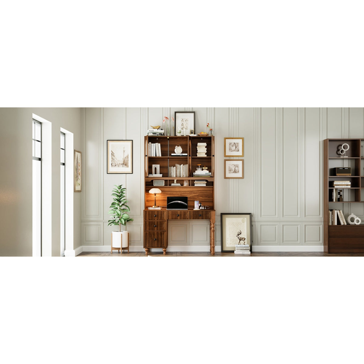 Roomfitters 47'' Retro Desk with Charging Ports and Hutch, Office Desk with 5 Storage Drawers and Glass Bookshelf, Walnut