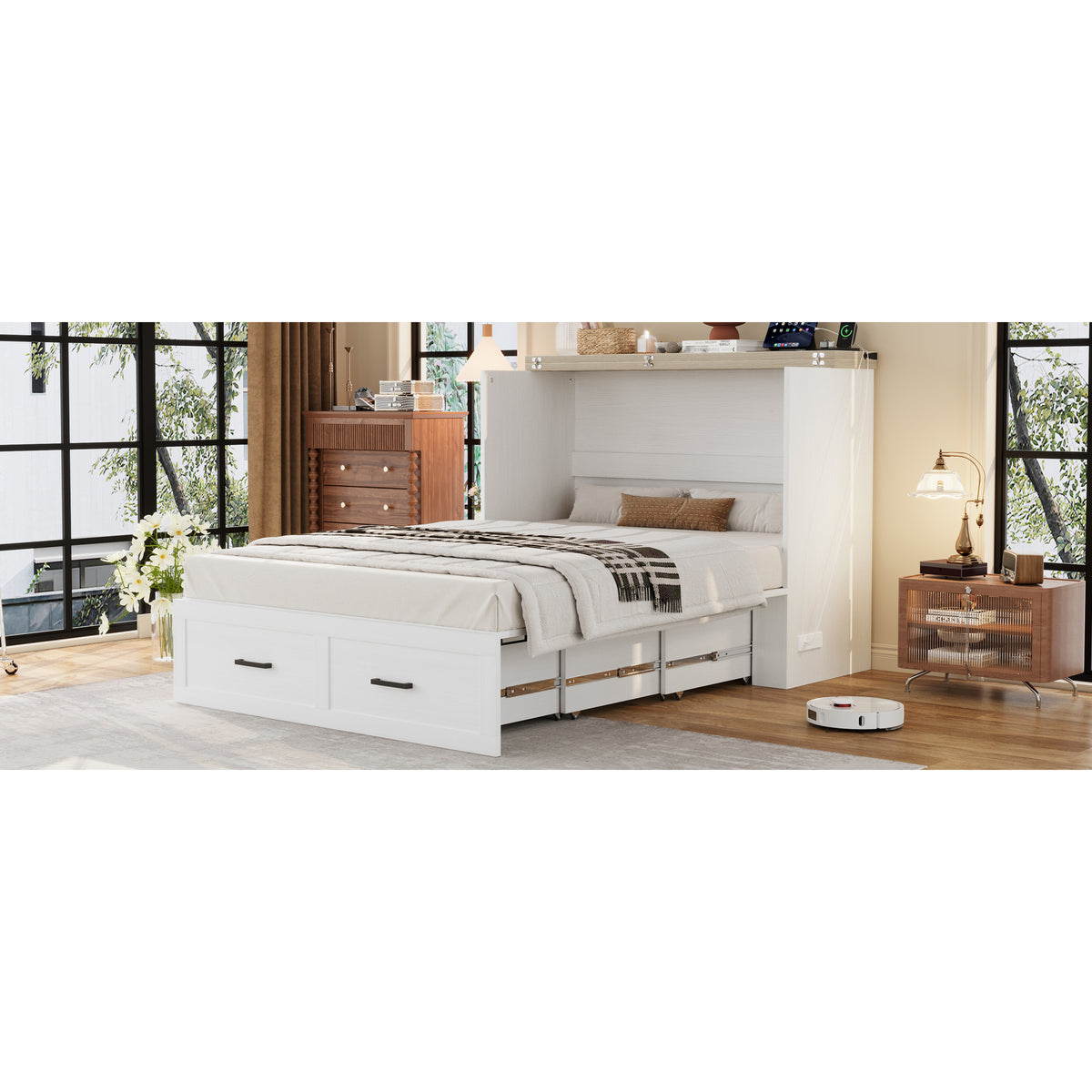 variant-group:rf-n733s237853w|Roomfitters Full Size Farmhouse Murphy Cabinet Bed with Charging Station, Foldable Platform Bed with Large Storage for Guest Room, Small Bedroom, White