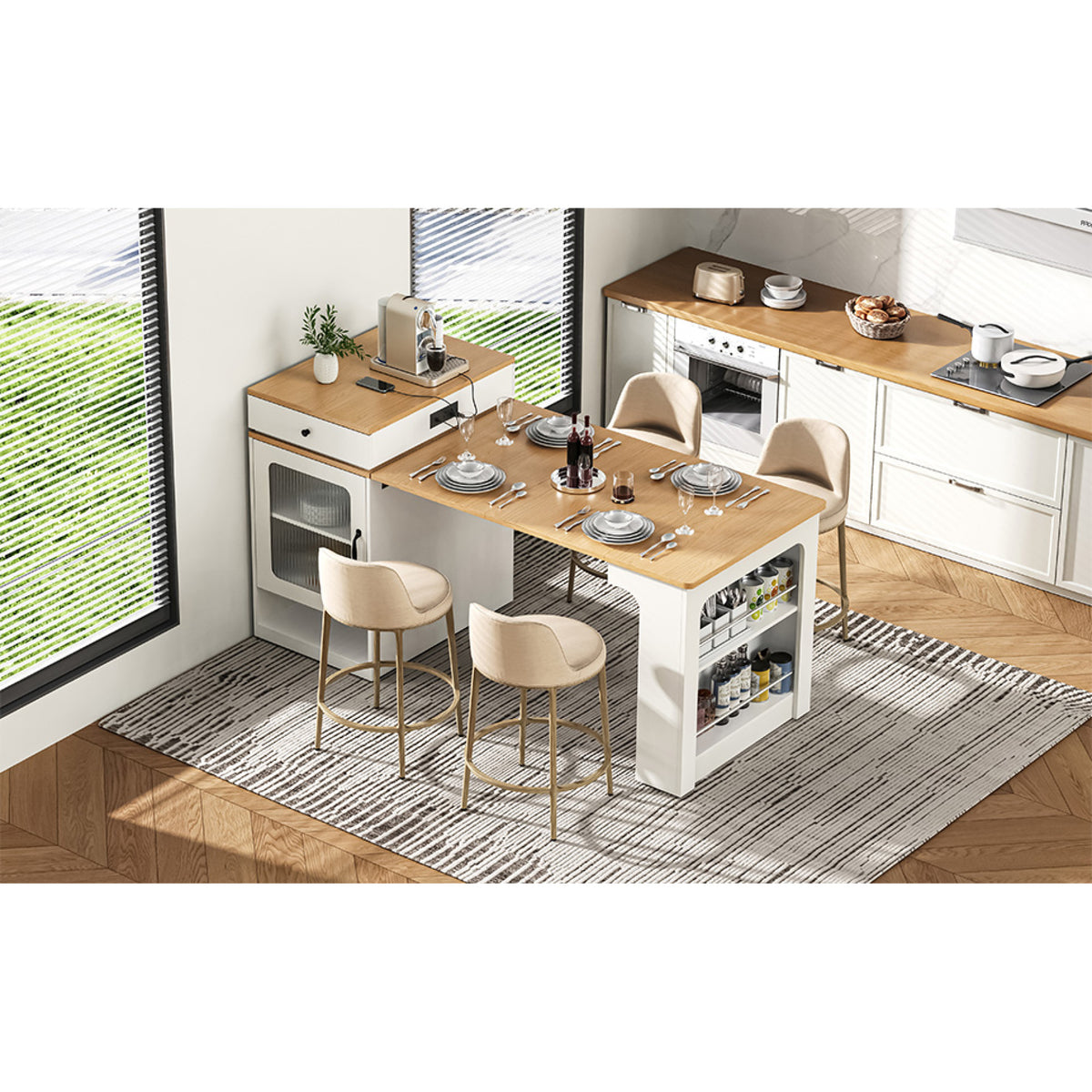 variant-group:rf-n707s000017w|Roomfitters 59.5" Kitchen Island with 41.8" Extendable Dining Table, Double-Sided Storage, Power Outlet, 2 Drawers, White