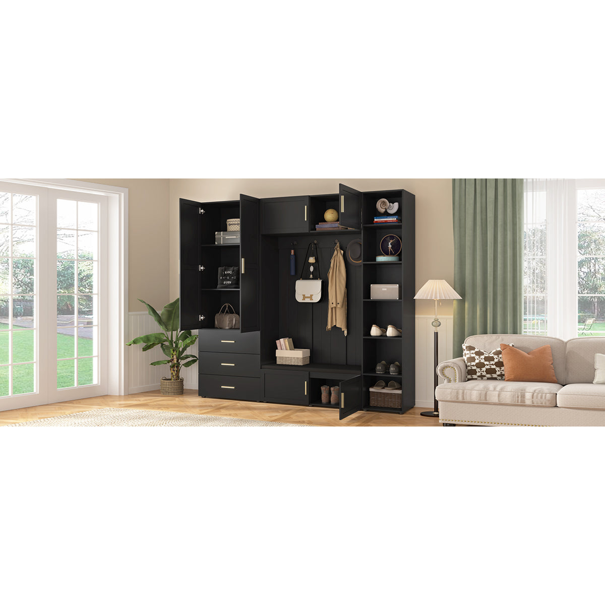 variant-group:rf-n724sj000167aab|Roomfitters American Style Extra-Wide Hall Tree with Padded Cushion Seat, Antique Black