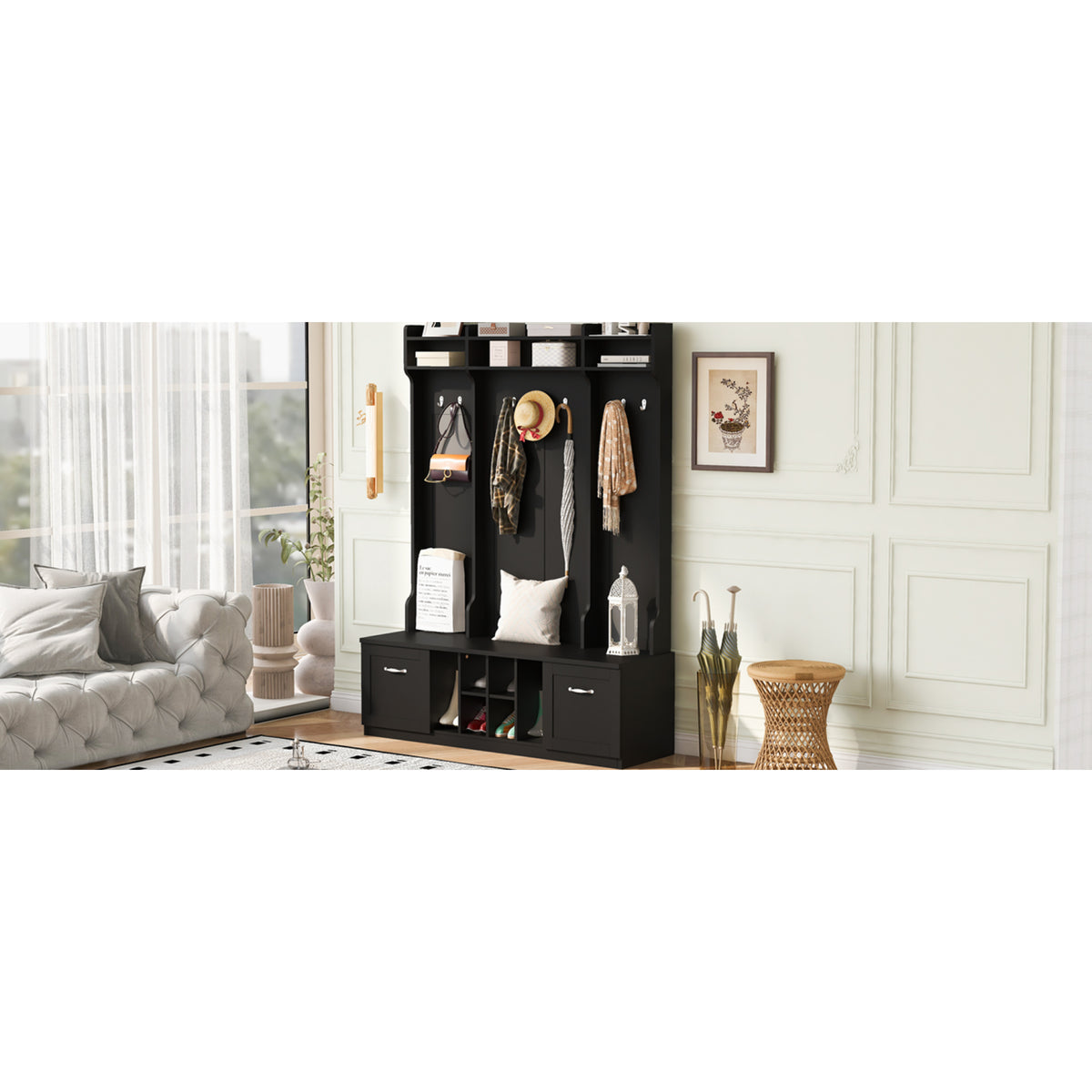 variant-group:rf-n724p235232b|Roomfitters 5-in-1 Entryway Bench with Coat Rack, Hooks, Drawers and Adjustable Shelves, Hall Tree for Hallway or Living Room, Black