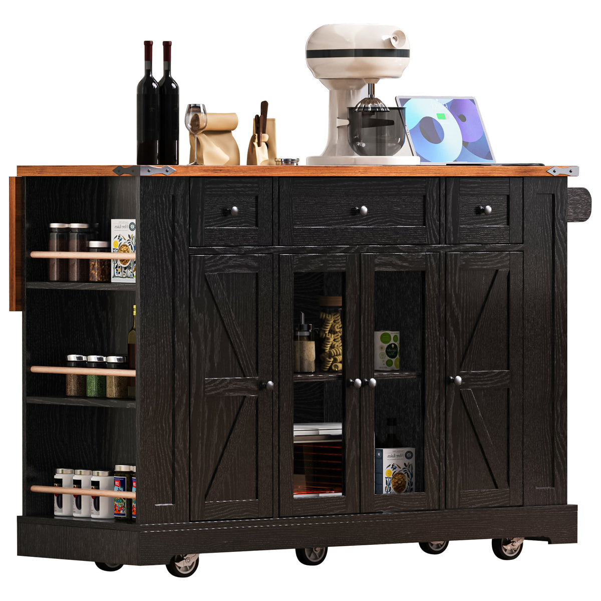 variant-group:rf-n707s263637b|Roomfitters 53" Kitchen Island with Power Outlet, 4 Doors and 3 Drawers, Rolling Storage Cabinet with Glass Doors, Black