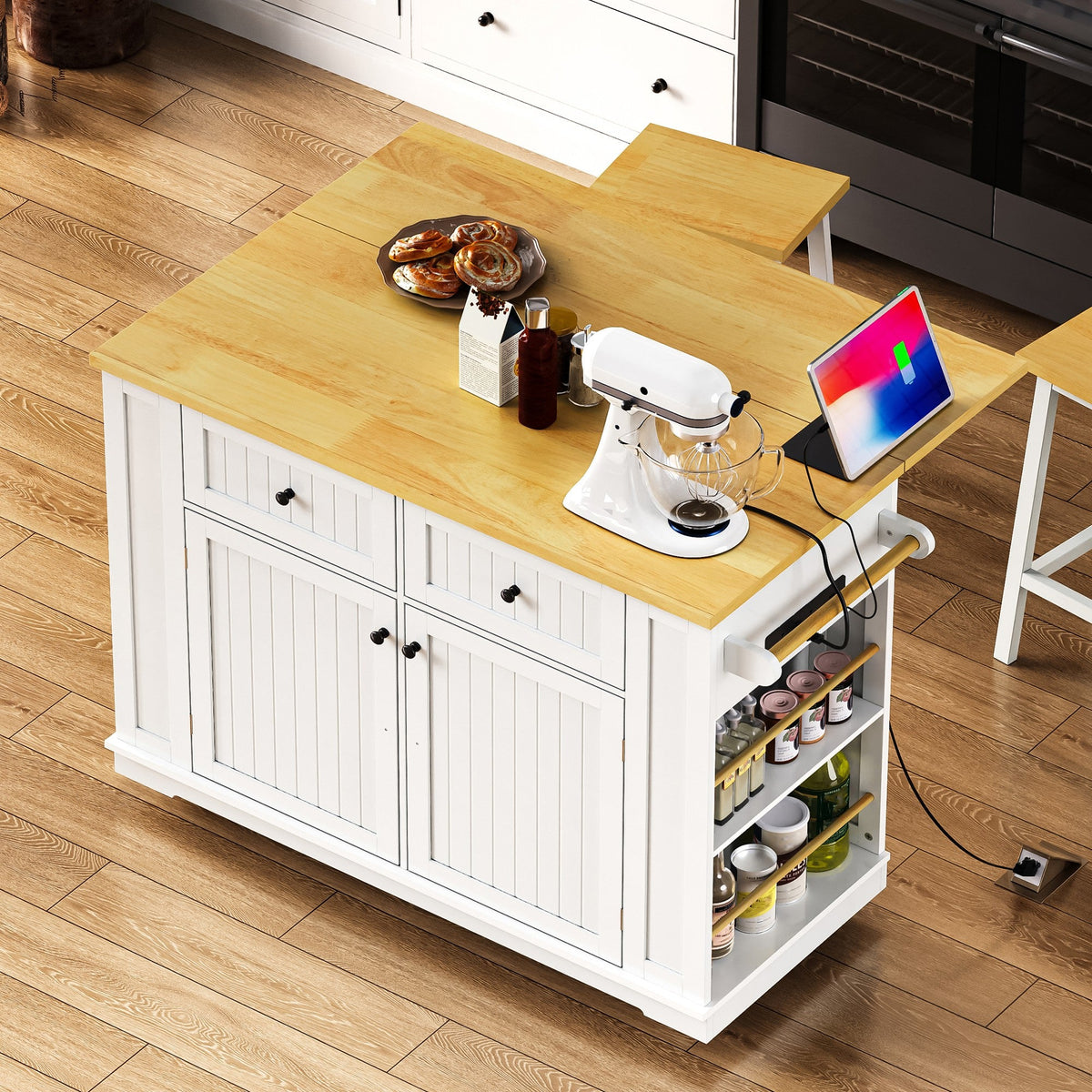 Roomfitters 48" Kitchen Island with 2 Bar Stools, Drop Leaf, Power Outlet, Rolling Cart with Side Shelves, White