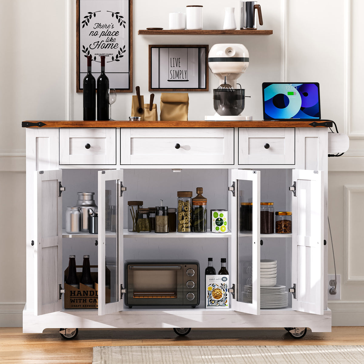 variant-group:rf-n707s263637w|Roomfitters 53" Kitchen Island with Power Outlet, 4 Doors and 3 Drawers, Rolling Storage Cabinet with Glass Doors, White