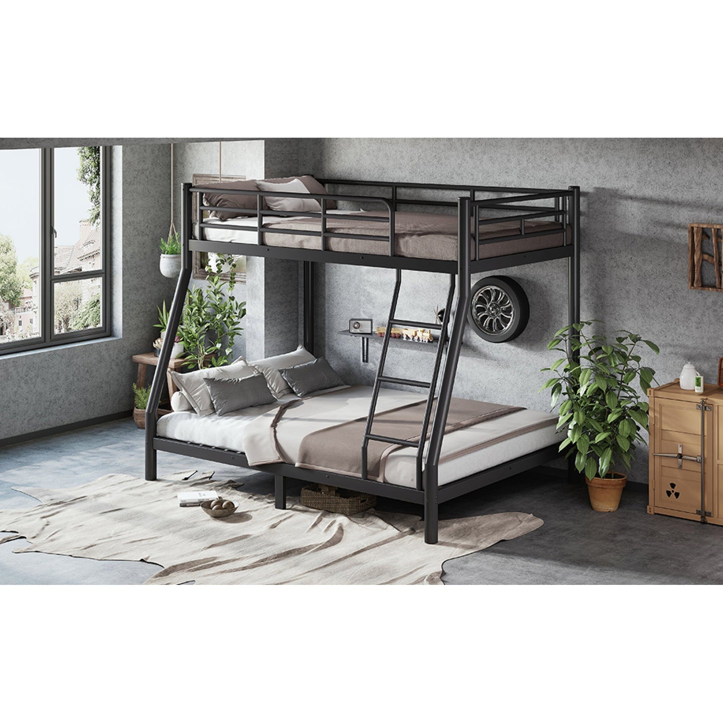 Roomfitters Twin over Full Bunk Bed Frame for Teens Adults, Heavy Duty Metal Round Tube Noise Free No Box Spring, Black