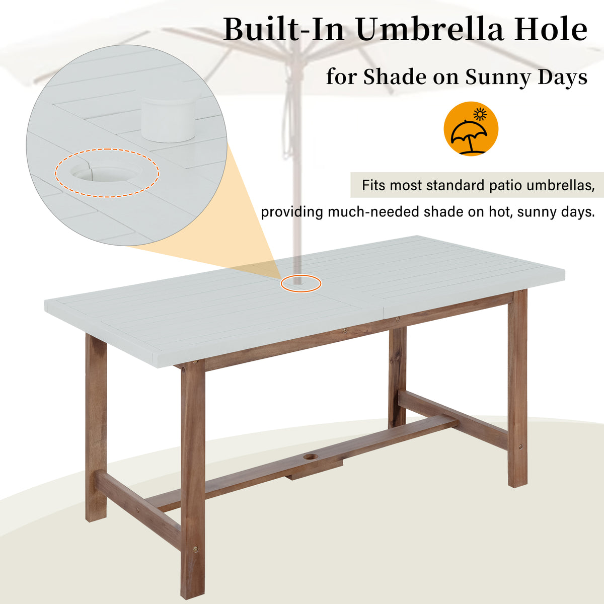 variant-group:rf-n711wy000477aad|Roomfitters Farmhouse 5-Piece Outdoor Dining Set for 4, 59-Inch Rectangular Table, Umbrella Hole, Light Grey Acacia