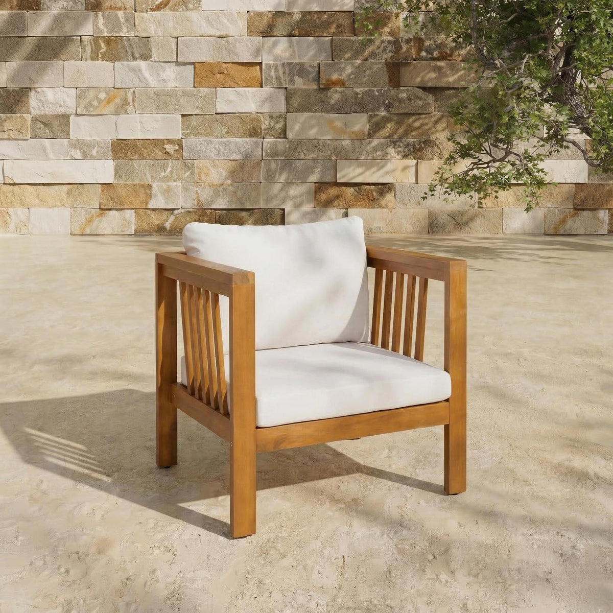 variant-group:rf-n704p448452a|Roomfitters Outdoor Acacia Wood Club Chair with Modern Mid-Century Square Arms and Thick Cushion Beige