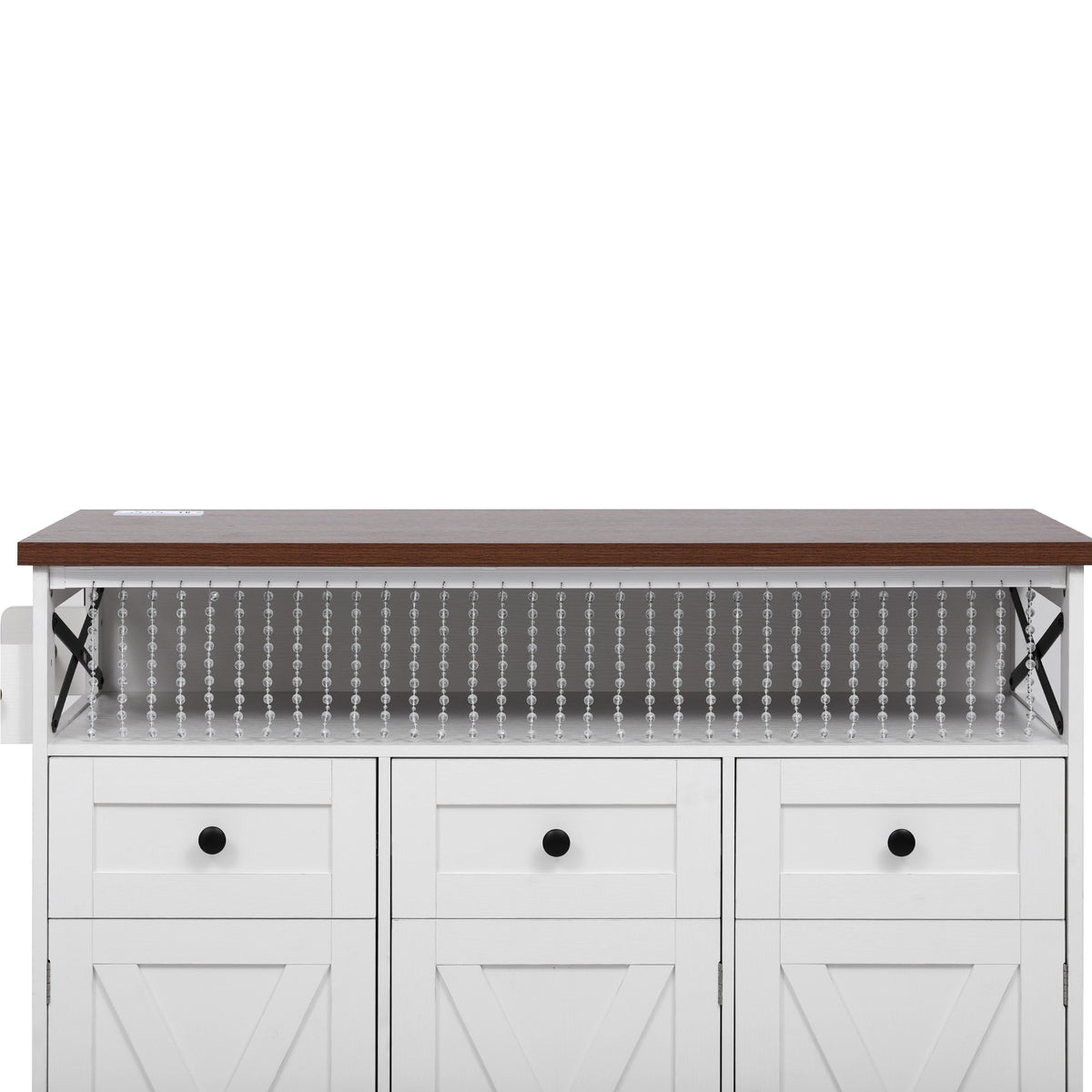 variant-group:rf-n707p254872w|Roomfitters 46.5" Rolling Kitchen Island with Drop Leaf, Mobile Cart with 2 AC Outlets & USB, Beaded Drape & 3 Drawers, White