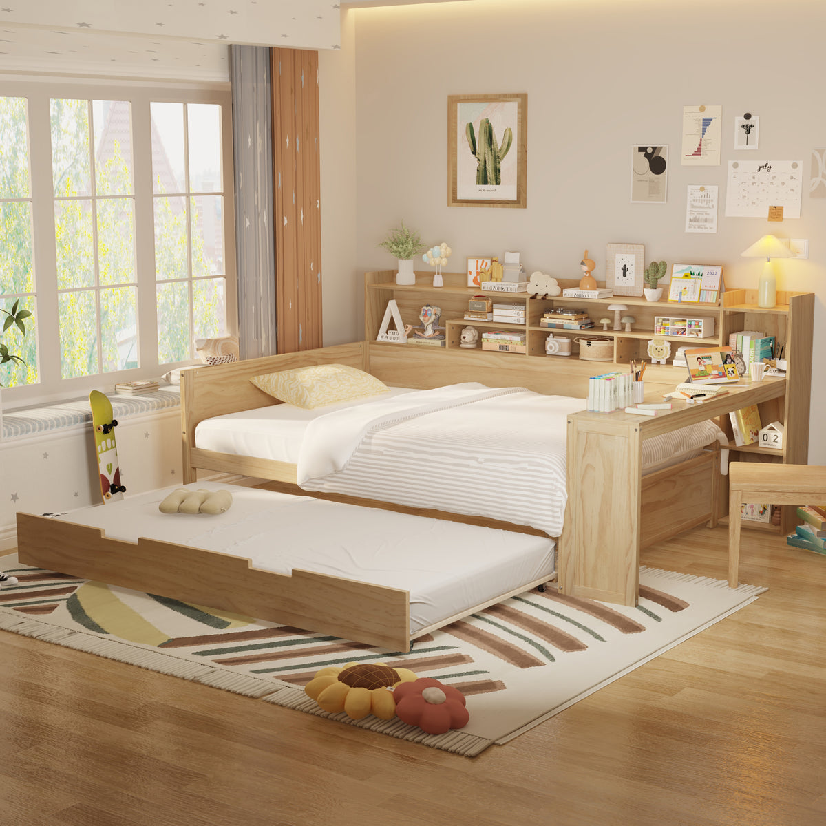variant-group:rf-n733s373391m|Roomfitters Full Daybed with Twin Trundle, Storage Shelves and Desk, Wooden Multi-Functional Bed, Natural