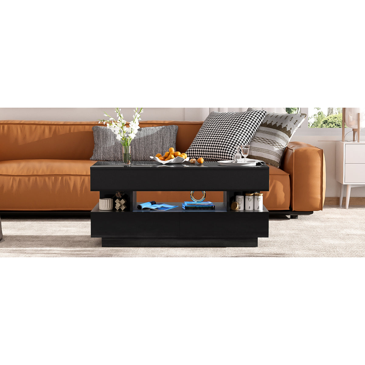 variant-group:rf-n724p290058b|Roomfitters Lift-Top Coffee Table with Hidden Storage and 2 Drawers, Multi-Functional Modern Table, Black