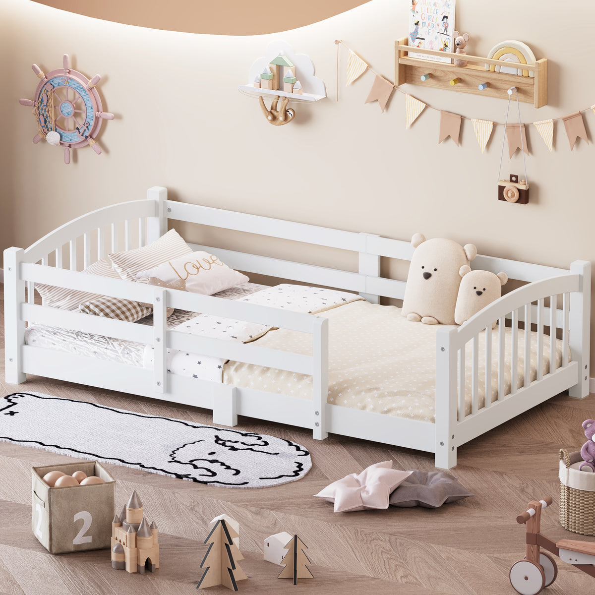 variant-group:rf-n733p400298k|Roomfitters Twin Montessori Floor Bed with Guardrails, Solid Wood Low Platform Bed with Slats, Easy Assembly, White