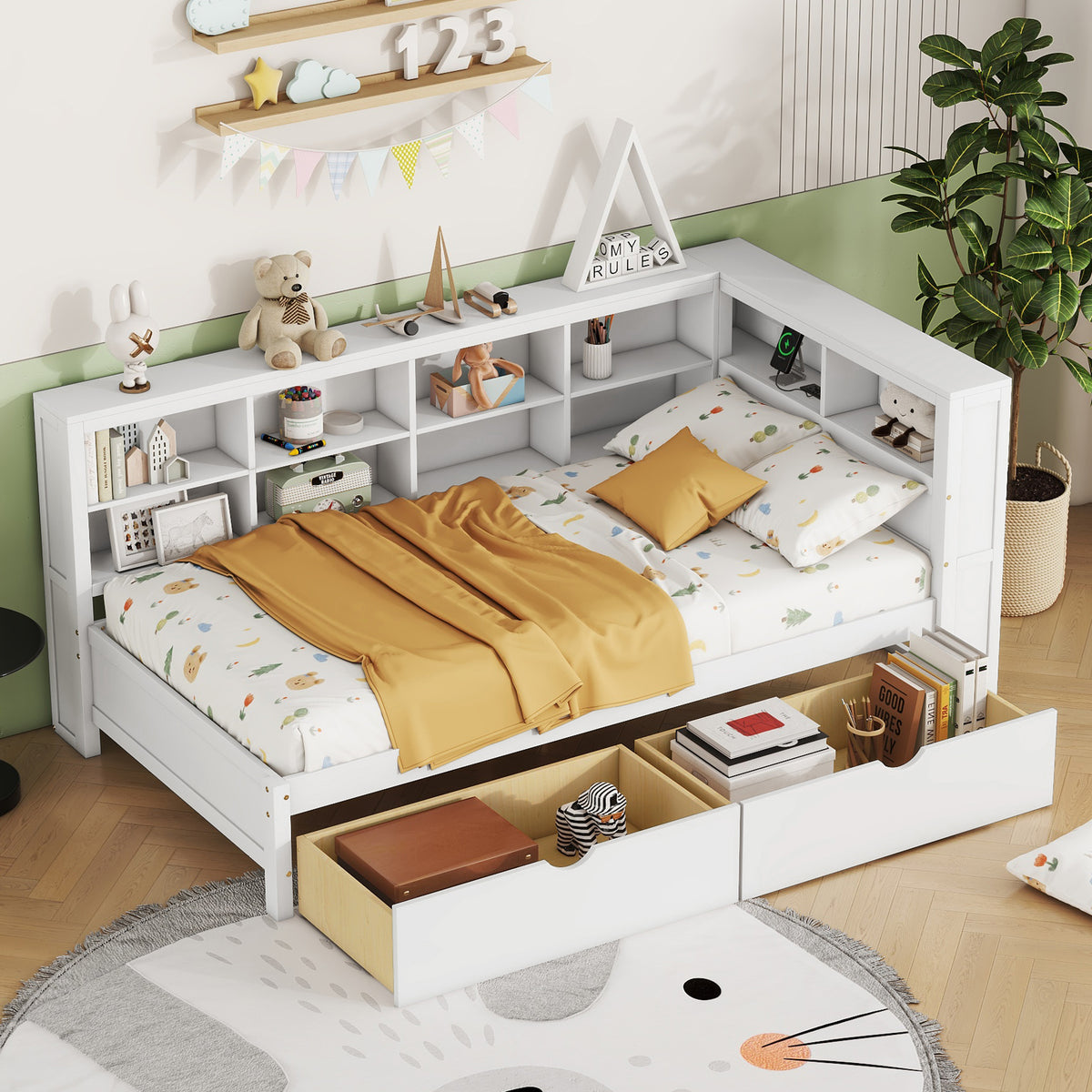 variant-group:rf-n733s347768k|Roomfitters Wooden Twin Daybed with Underbed Storage, Built-In Shelf & USB Charging Ports, White